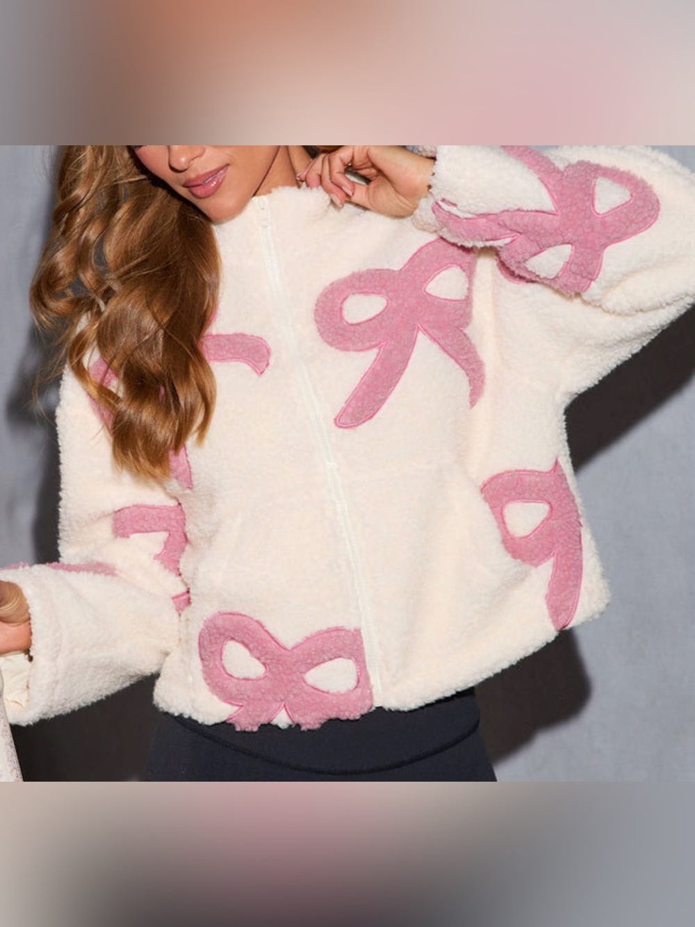 Vici Cream Sherpa Jacket with Pink Bow Accents